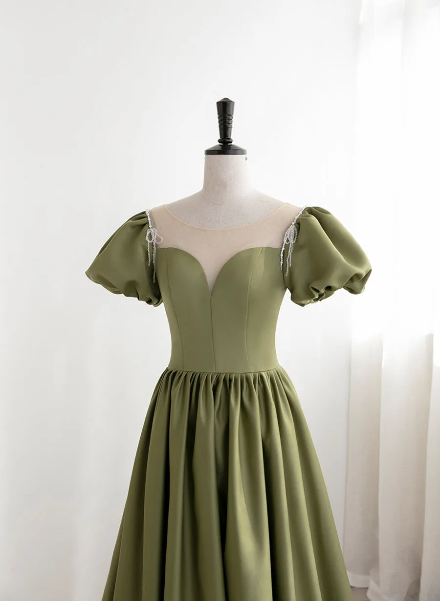 Green Satin Round Neckline A-line Floor Length Prom Dress, Green Short Sleeves Formal Dress