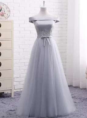 Grey Tulle Off Shoulder Floor Length Prom Dress , Grey Bridesmaid Dress, Party Dress