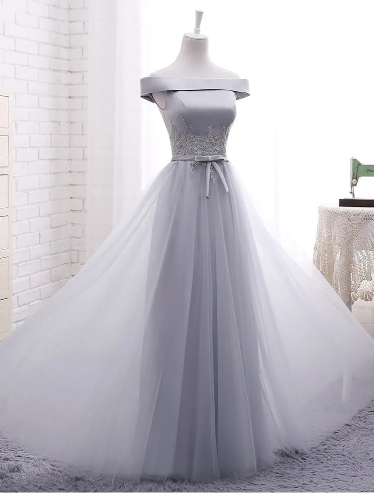 Grey Tulle Off Shoulder Floor Length Prom Dress , Grey Bridesmaid Dress, Party Dress