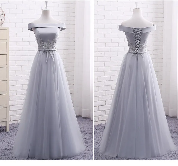 Grey Tulle Off Shoulder Floor Length Prom Dress , Grey Bridesmaid Dress, Party Dress