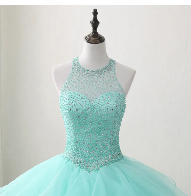 Halter Neck Open Back Mint Quinceanera Dresses Mexican Ball Gown Prom Dress