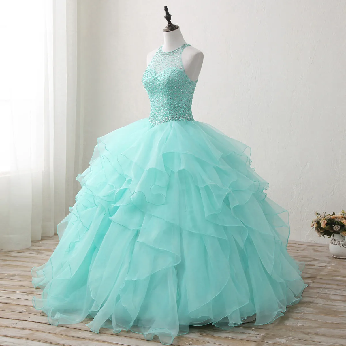 Halter Neck Open Back Mint Quinceanera Dresses Mexican Ball Gown Prom Dress