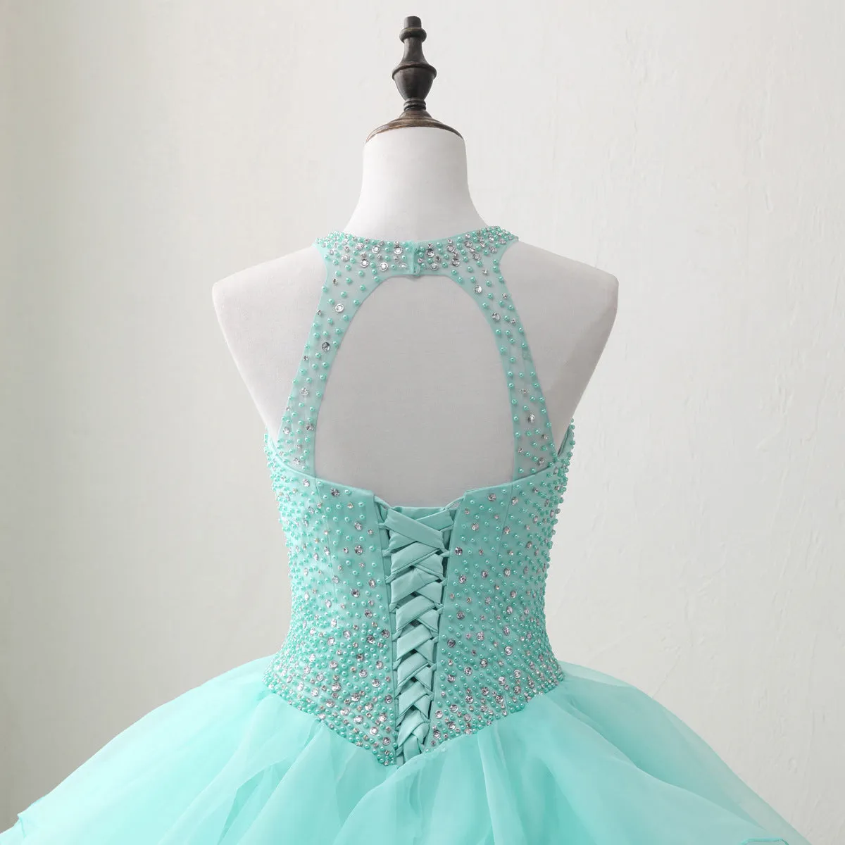 Halter Neck Open Back Mint Quinceanera Dresses Mexican Ball Gown Prom Dress