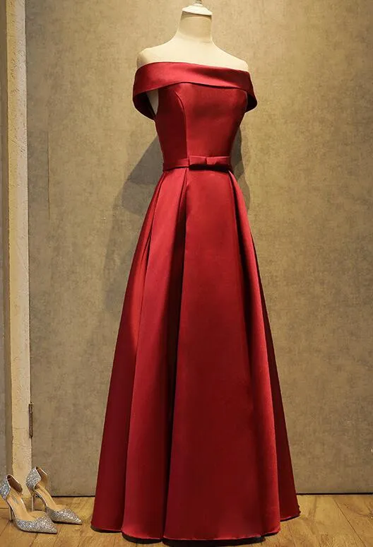 High Quality Wine Red Satin Simple Floor Length Bridesmaid Dress, Red Prom Dress