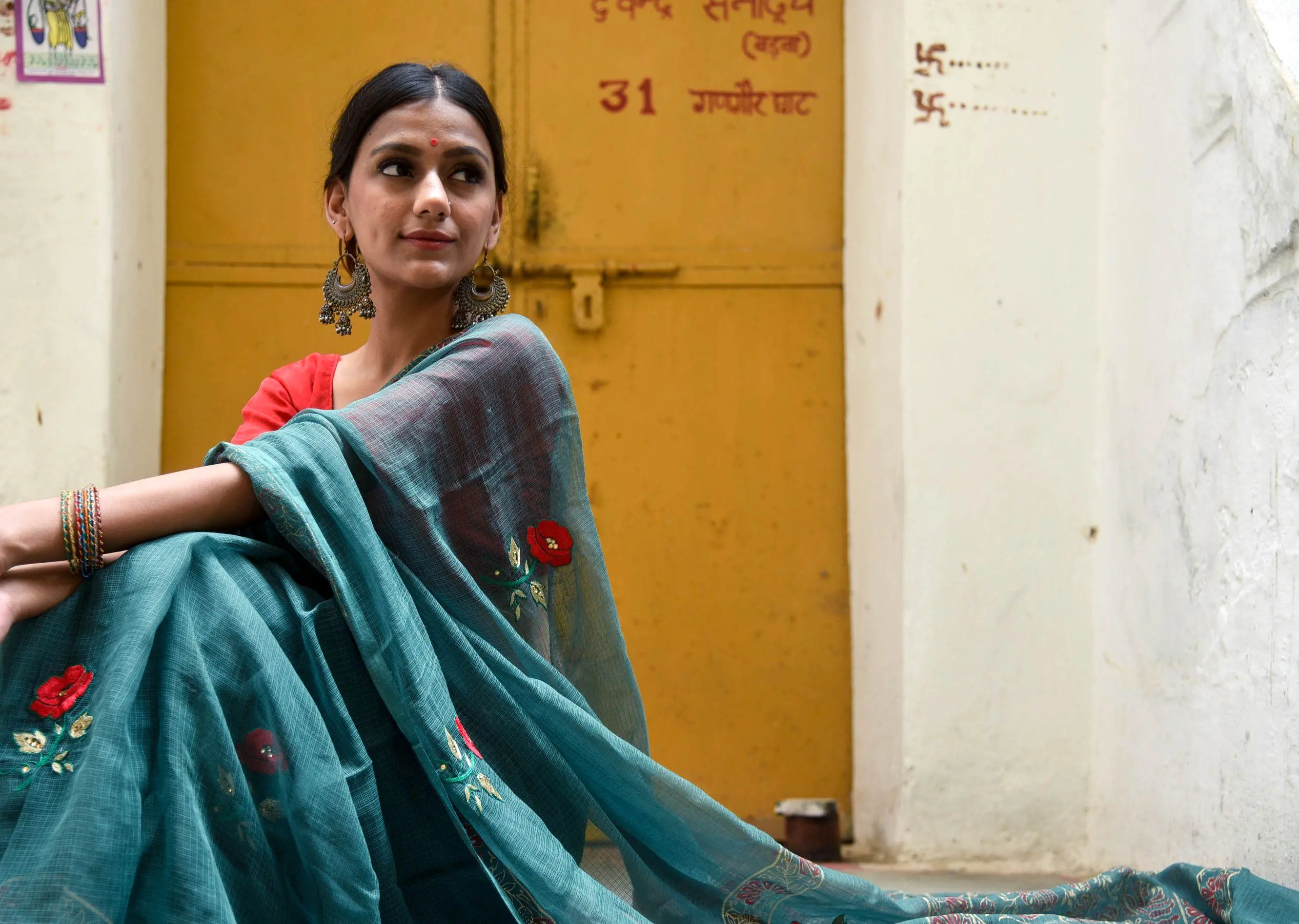 Kaisori Kota saree - Togor embroidered and handblockprinted Kota saree