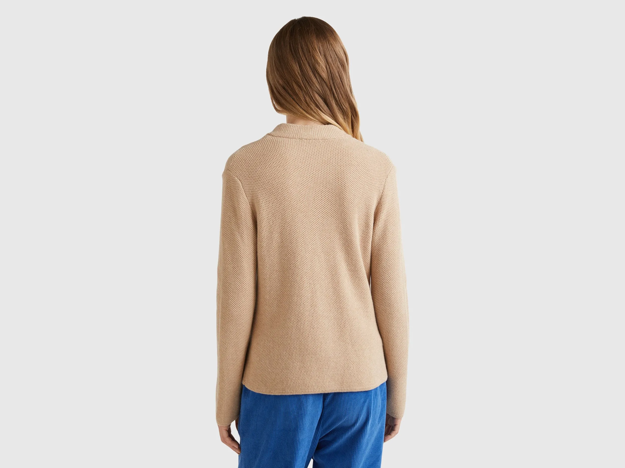 Knit jacket in wool and cashmere blend - Beige | Benetton