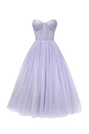 Lavender Strapless Puffy Midi Tulle Dress