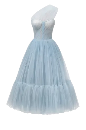 Light Blue One-Shoulder Cocktail Tulle Dress