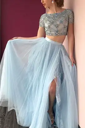 Light Blue Two Piece A Line Floor Length Half Sleeve Beading Prom Dresses