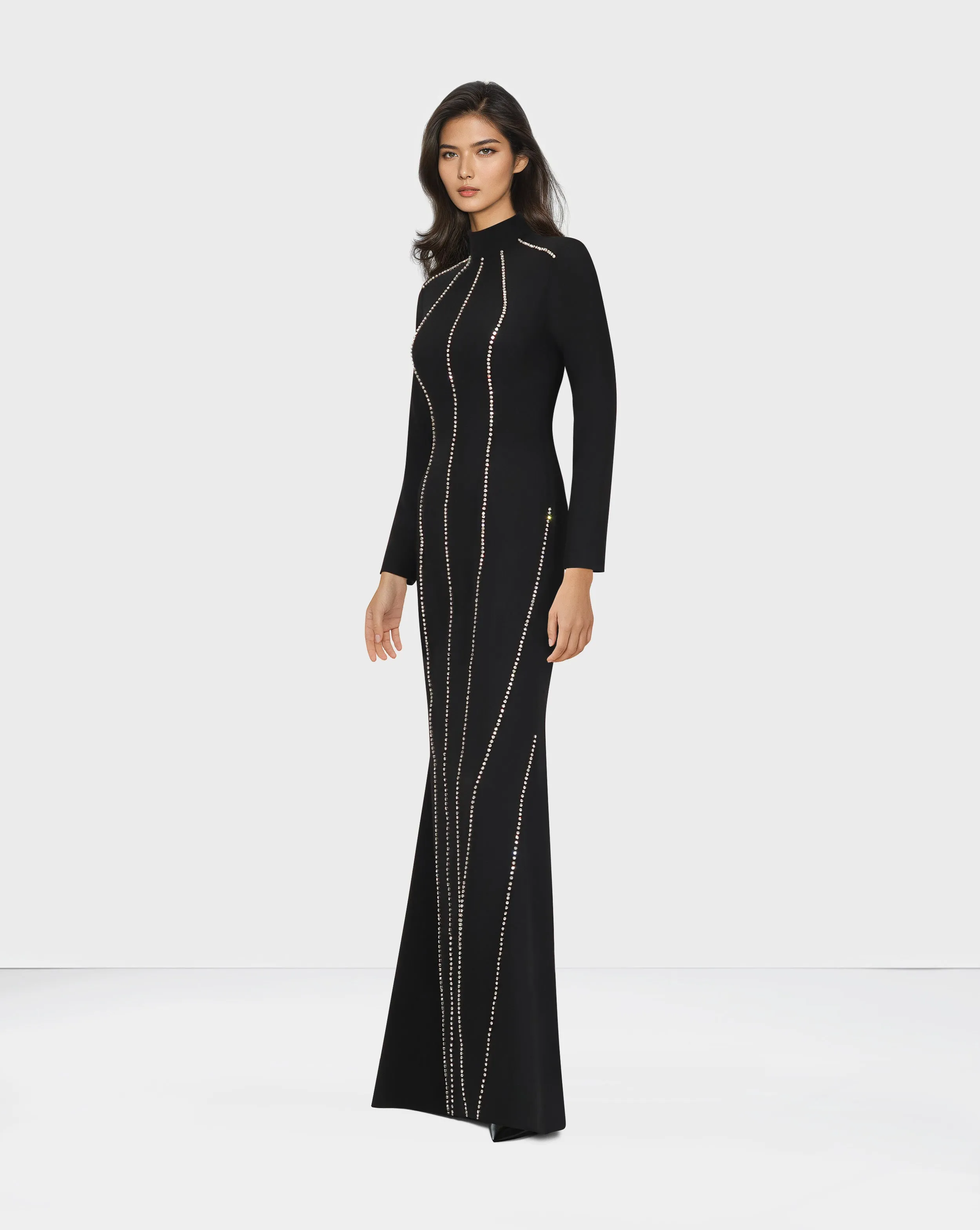 Long sleeve column dress with vertical beading