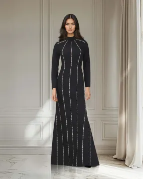 Long sleeve column dress with vertical beading