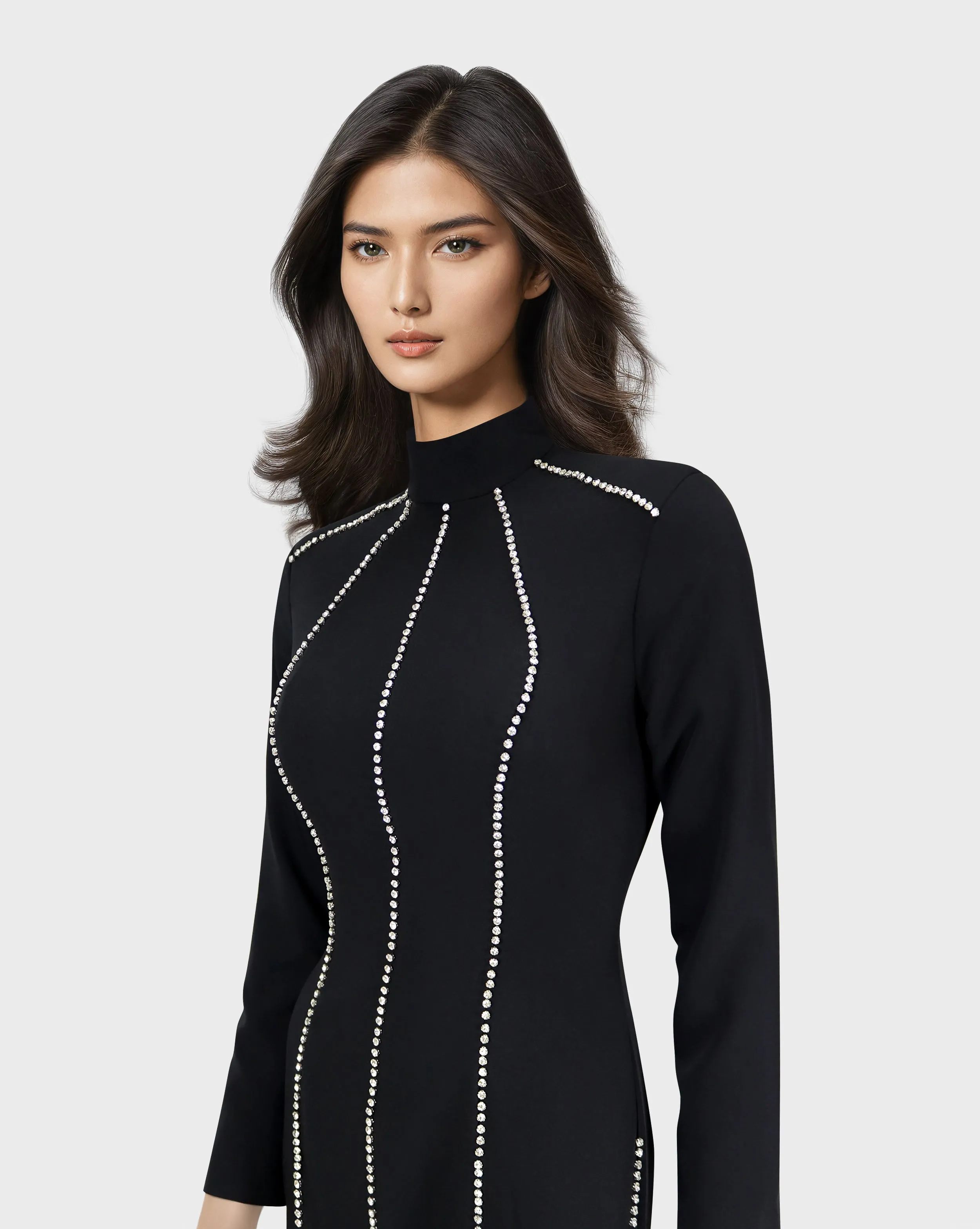 Long sleeve column dress with vertical beading