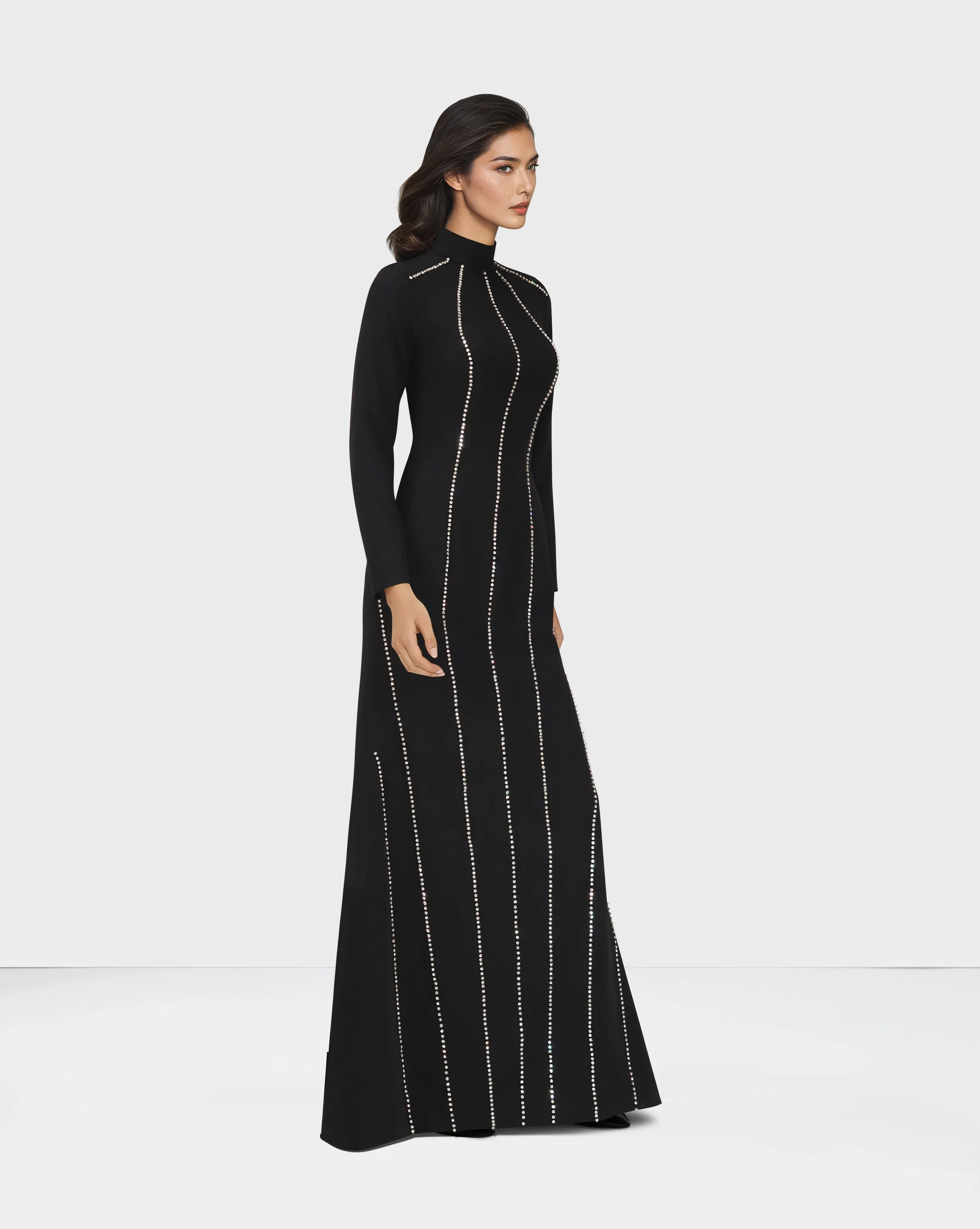 Long sleeve column dress with vertical beading