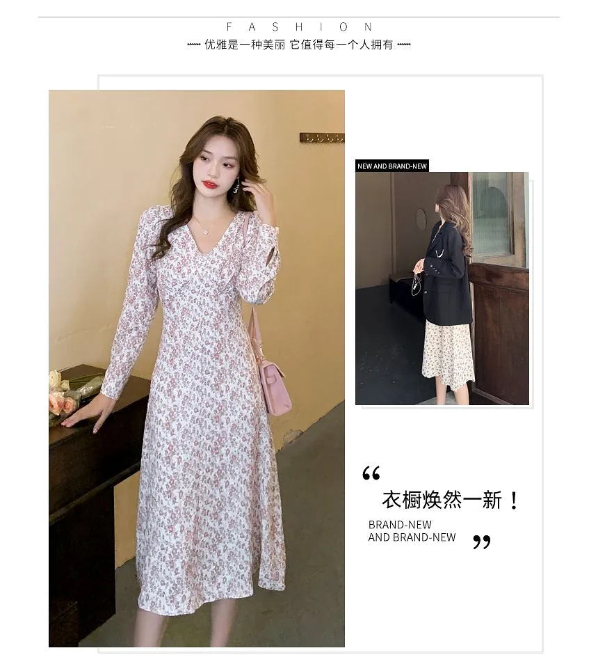 Long-Sleeve V-Neck Floral Print Midi A-Line Dress aa21