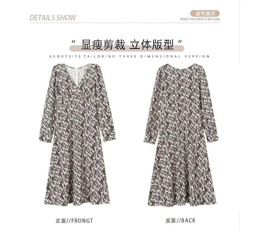 Long-Sleeve V-Neck Floral Print Midi A-Line Dress aa21