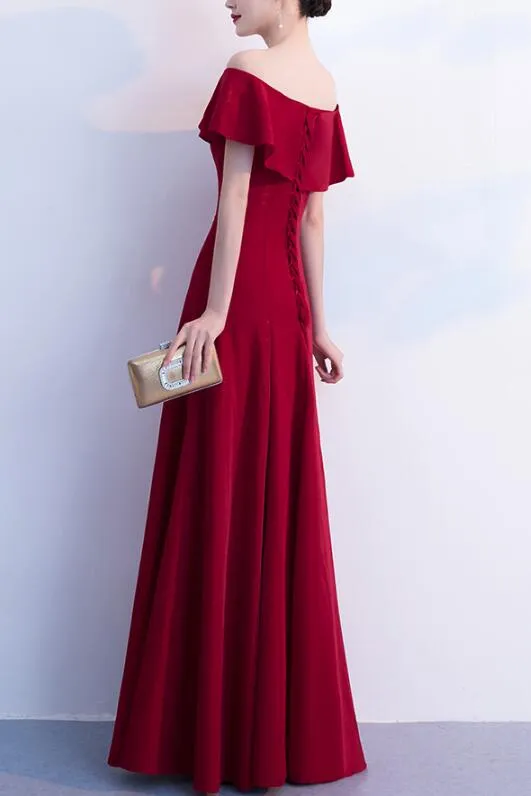 Lovely Dark Red Off Shoulder Floor Length Wedding Party Dress, A-line Prom Dress