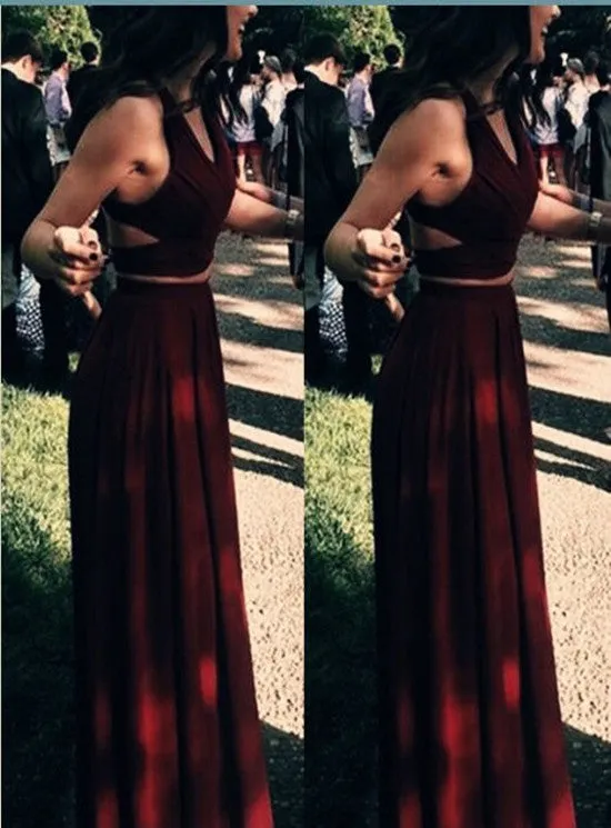 Maroon Two Piece Prom Dresses, Chiffon Prom Dresses, Party Dresses, Prom Dress