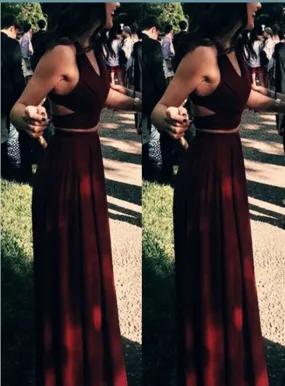 Maroon Two Piece Prom Dresses, Chiffon Prom Dresses, Party Dresses, Prom Dress