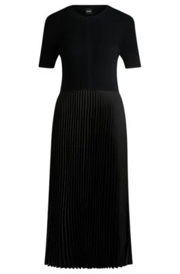 Mixed-material dress with plissé skirt