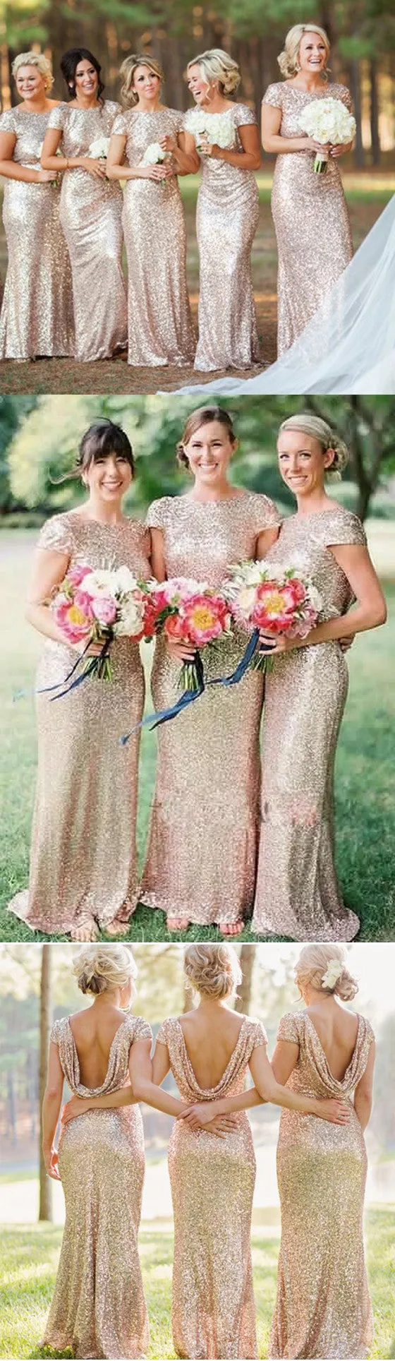 Most popular mermaid short sleeve Cowl Sparkly Full gold sequin long Floor Length  Bridesmaid Dresses, WG04