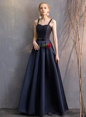 Navy Blue Satin Straps Long Evening Dress Floor Length , Blue Formal Dress Party Dress