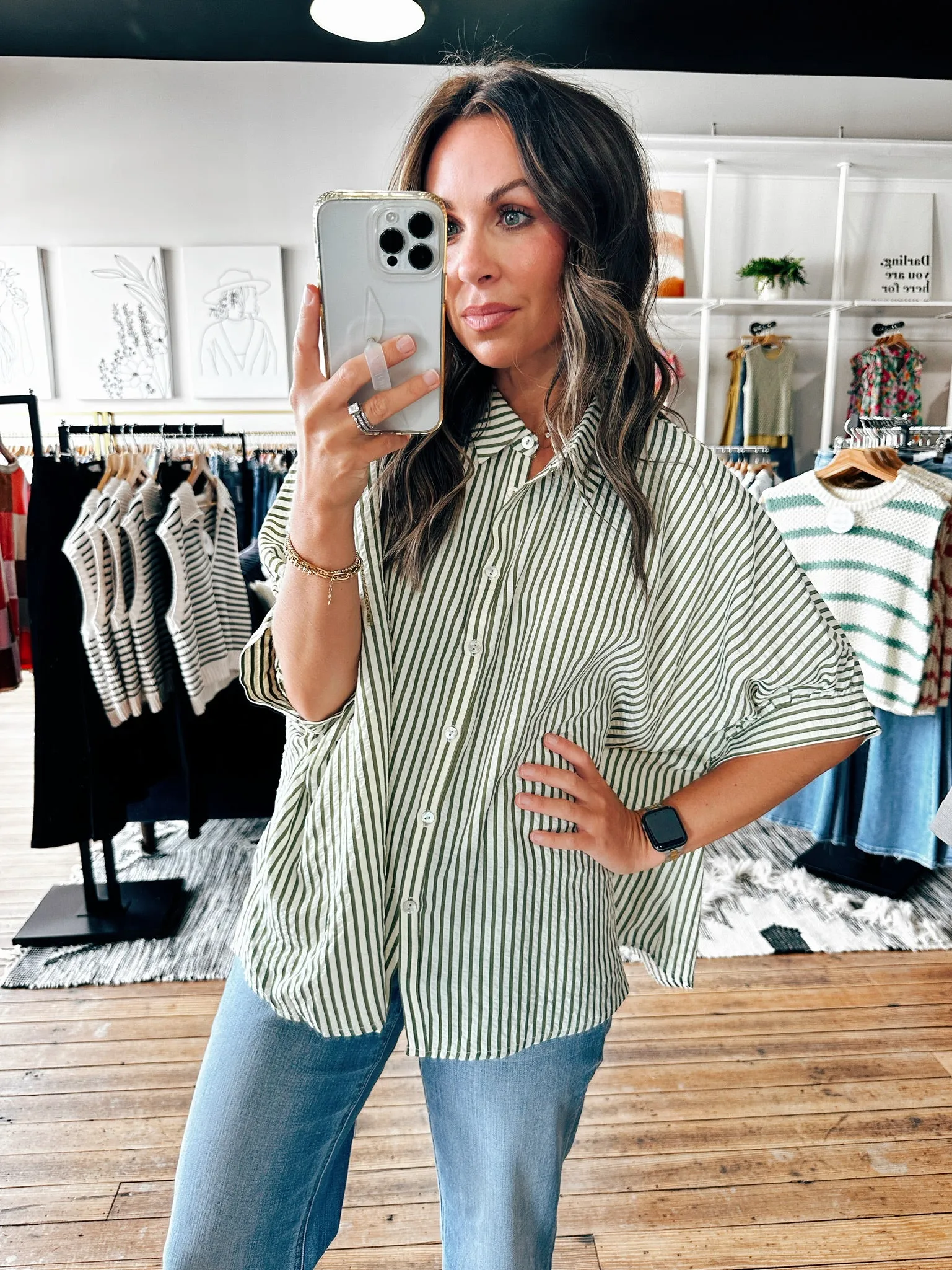 Olive Stripe Boxy Blouse