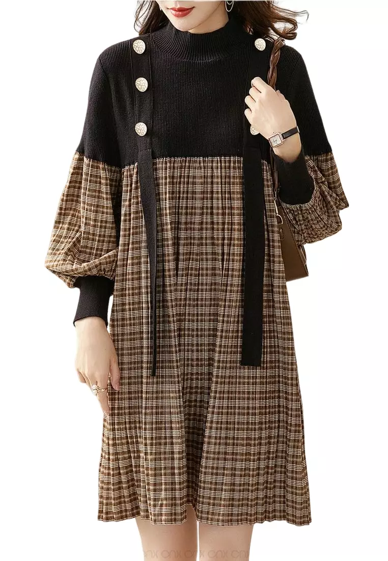 ONX.HK Sweet Plaid Different Material Stitching Dress