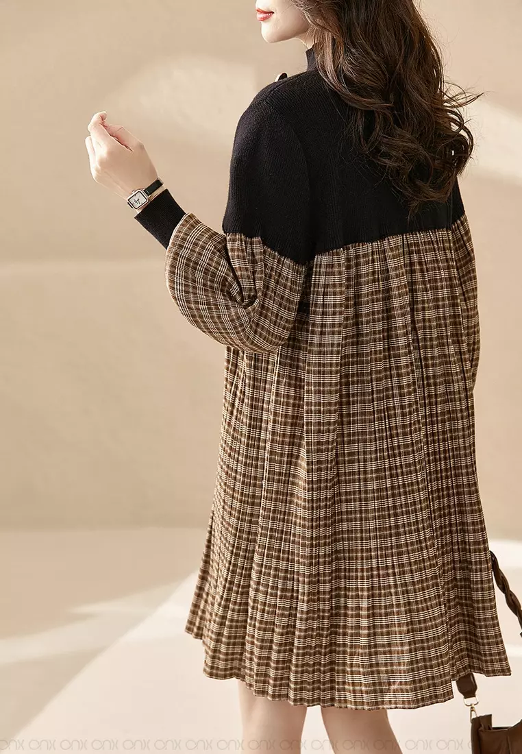 ONX.HK Sweet Plaid Different Material Stitching Dress