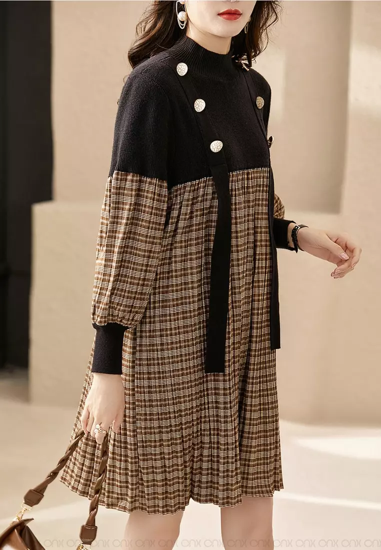 ONX.HK Sweet Plaid Different Material Stitching Dress