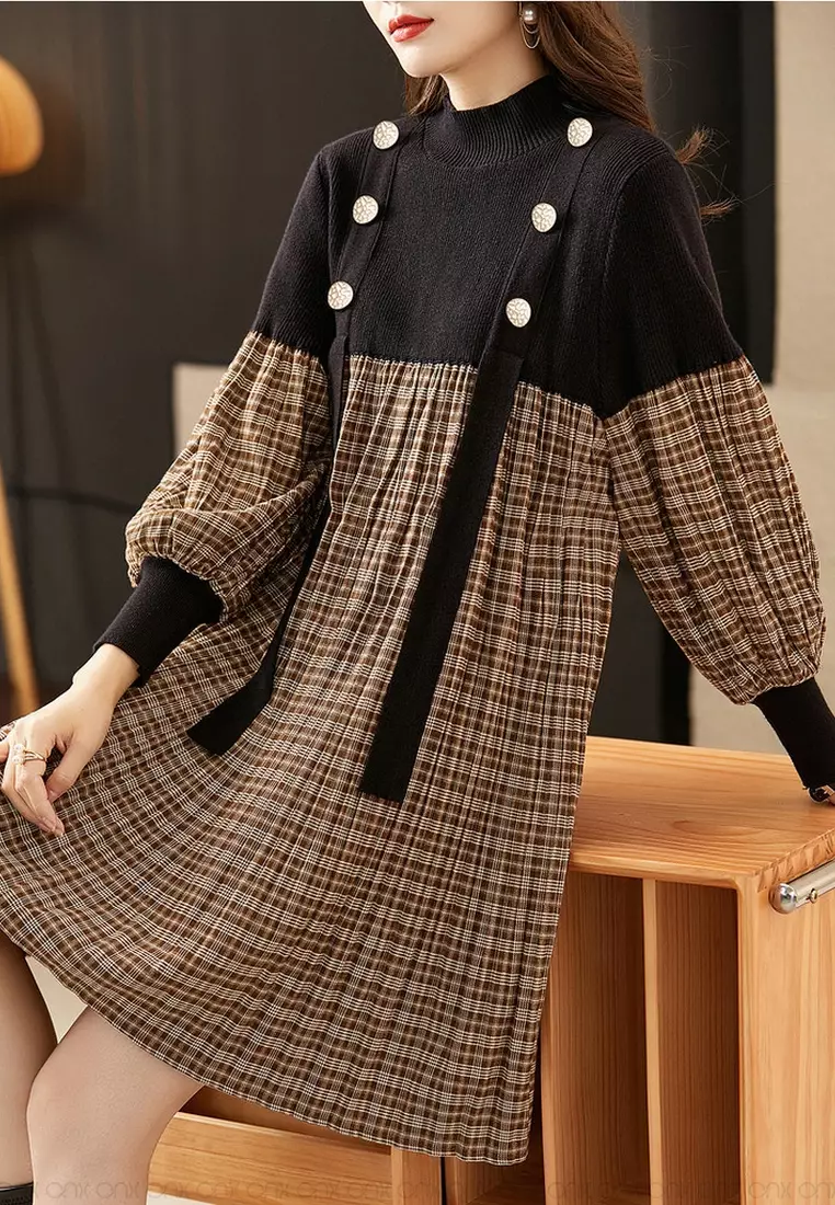 ONX.HK Sweet Plaid Different Material Stitching Dress