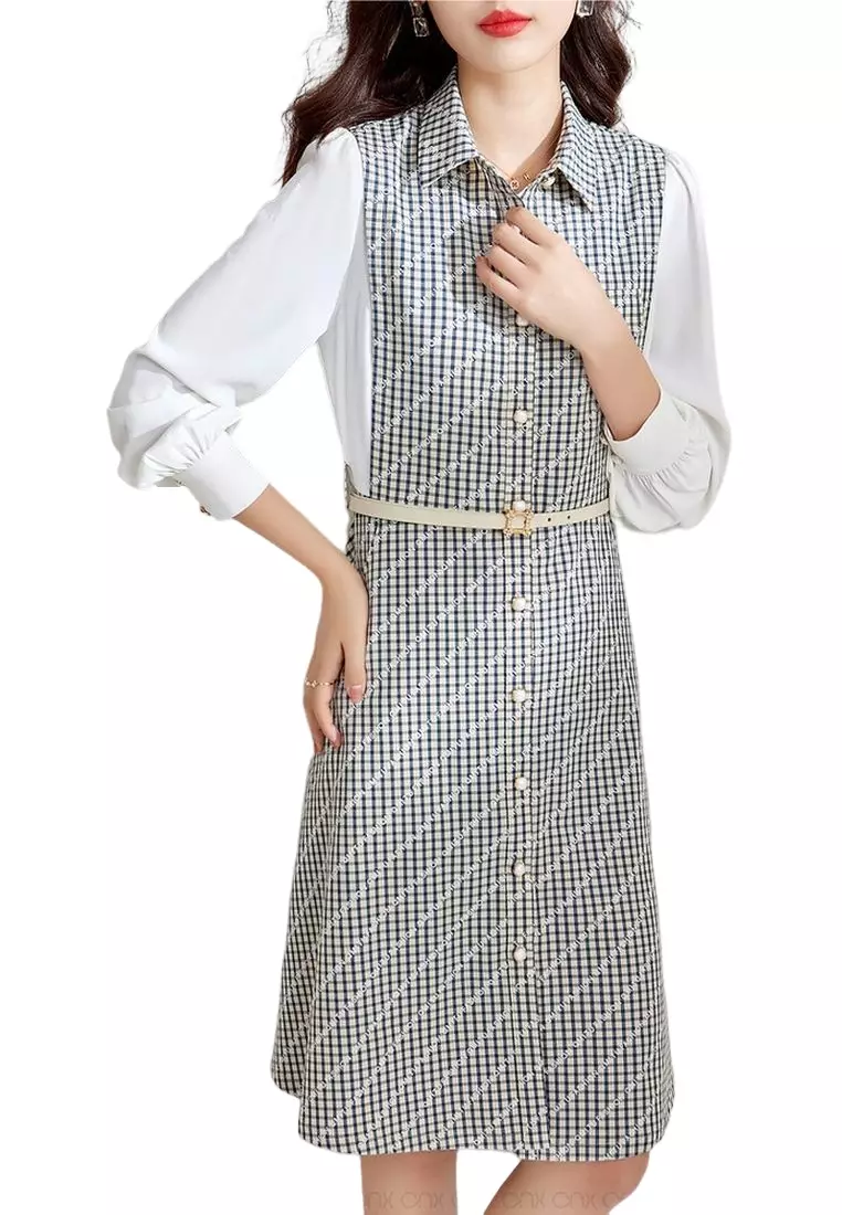 ONX.HK Temperament OL Different Material Splicing Dress (With Belt)