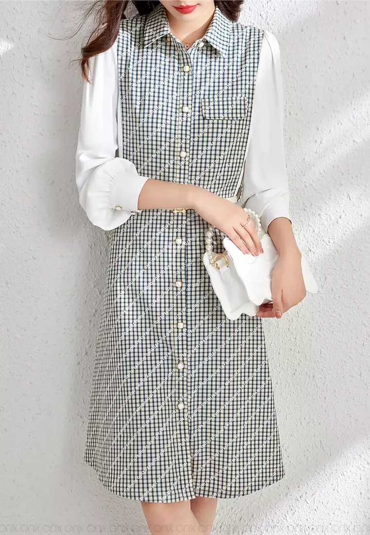 ONX.HK Temperament OL Different Material Splicing Dress (With Belt)