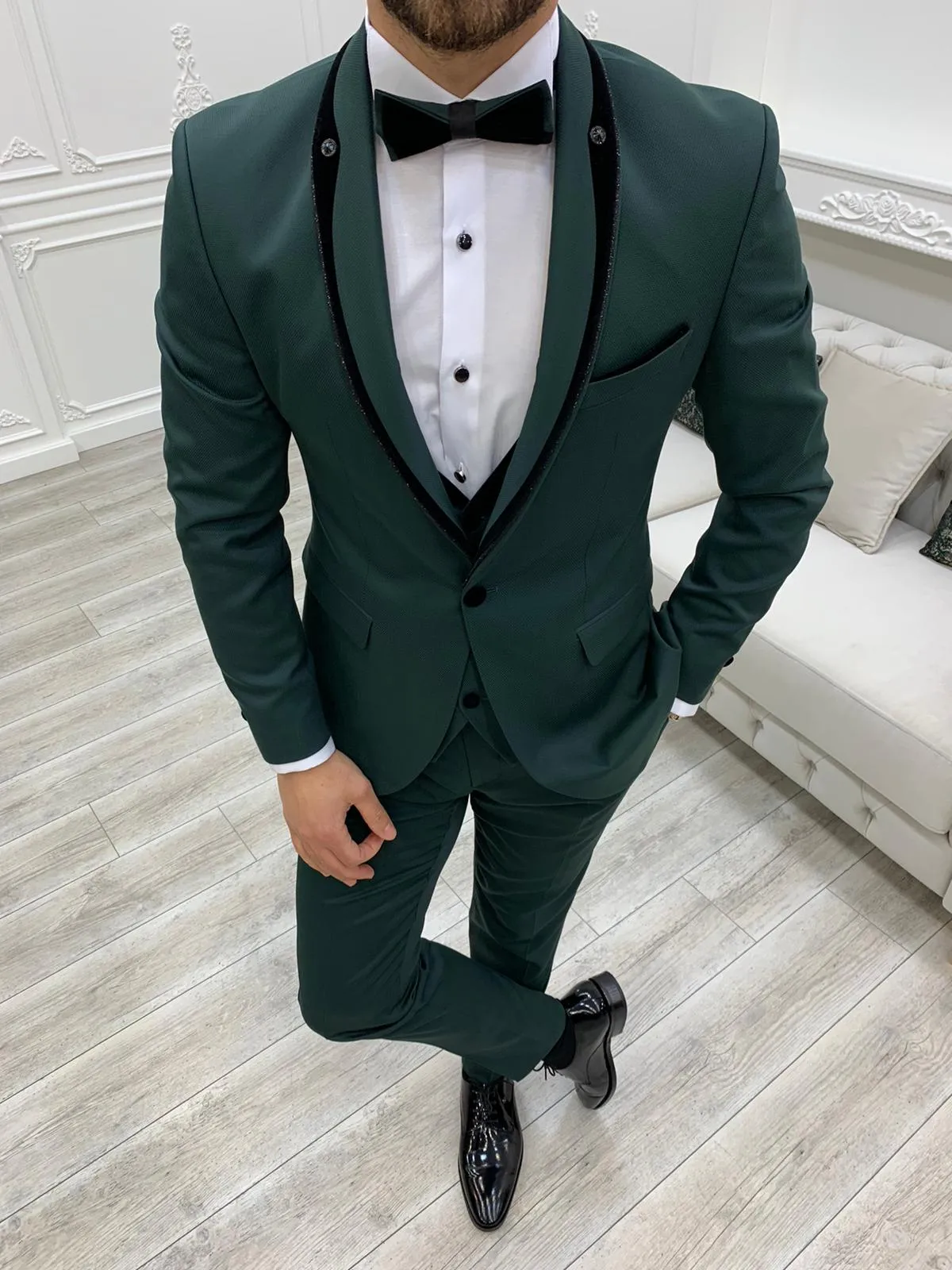 Partoni Royal Shawl Green Slim Fit Tuxedo