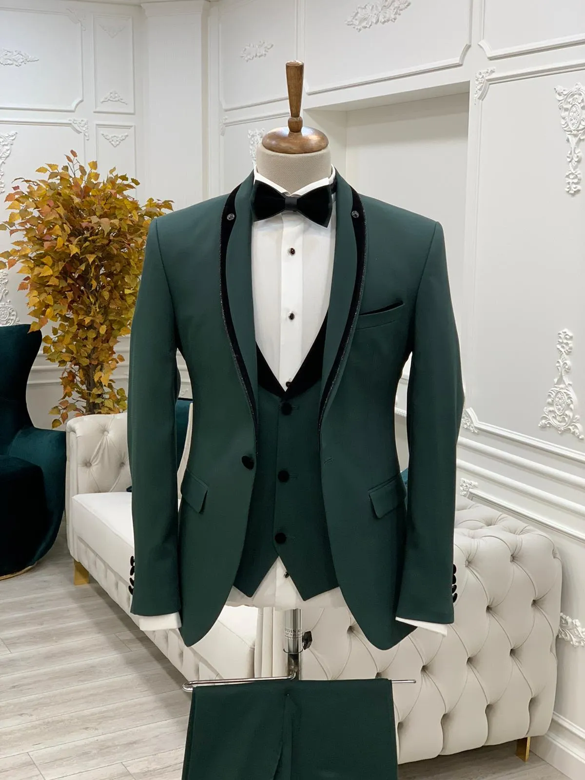 Partoni Royal Shawl Green Slim Fit Tuxedo