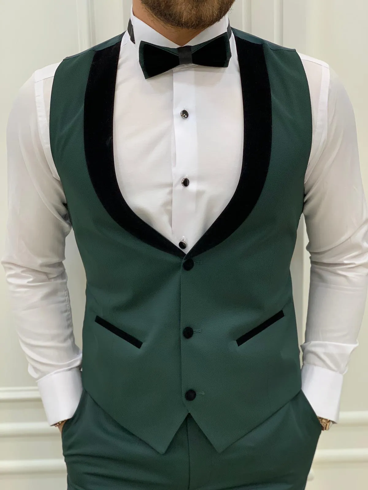 Partoni Royal Shawl Green Slim Fit Tuxedo