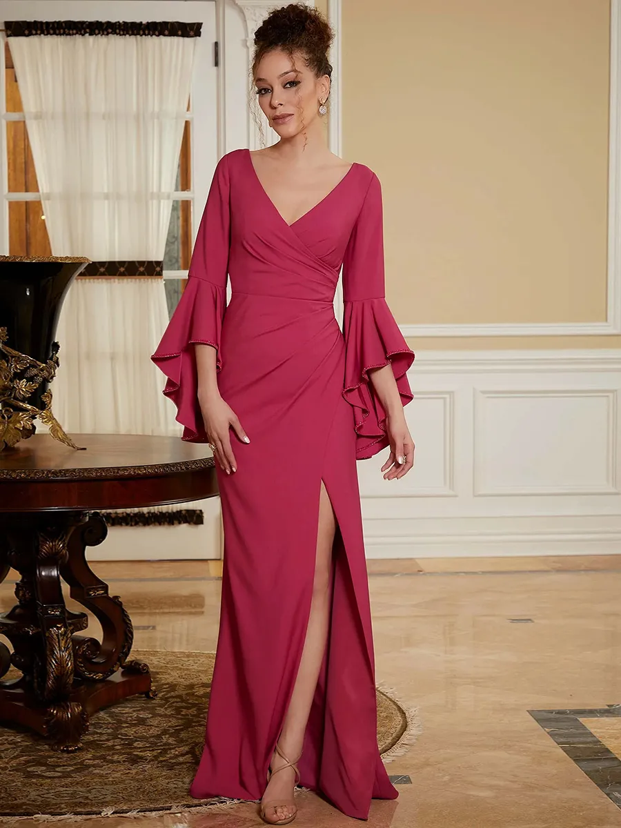 Party Dress For Mother Of The Bride V-Neck Bell Sleeves Split Front Floor-Length A-Line Wedding Guest Dresses