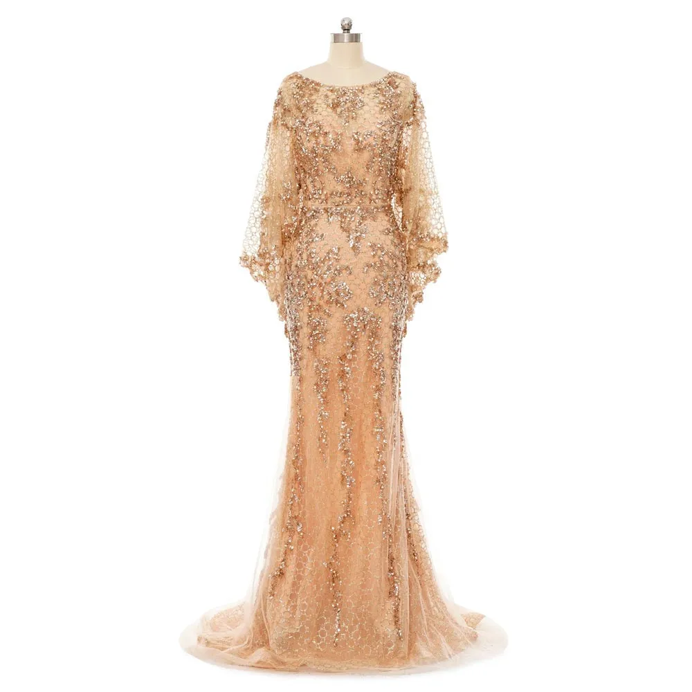 Peach Sequins Lace Formal Mother Evening Dress EN5505