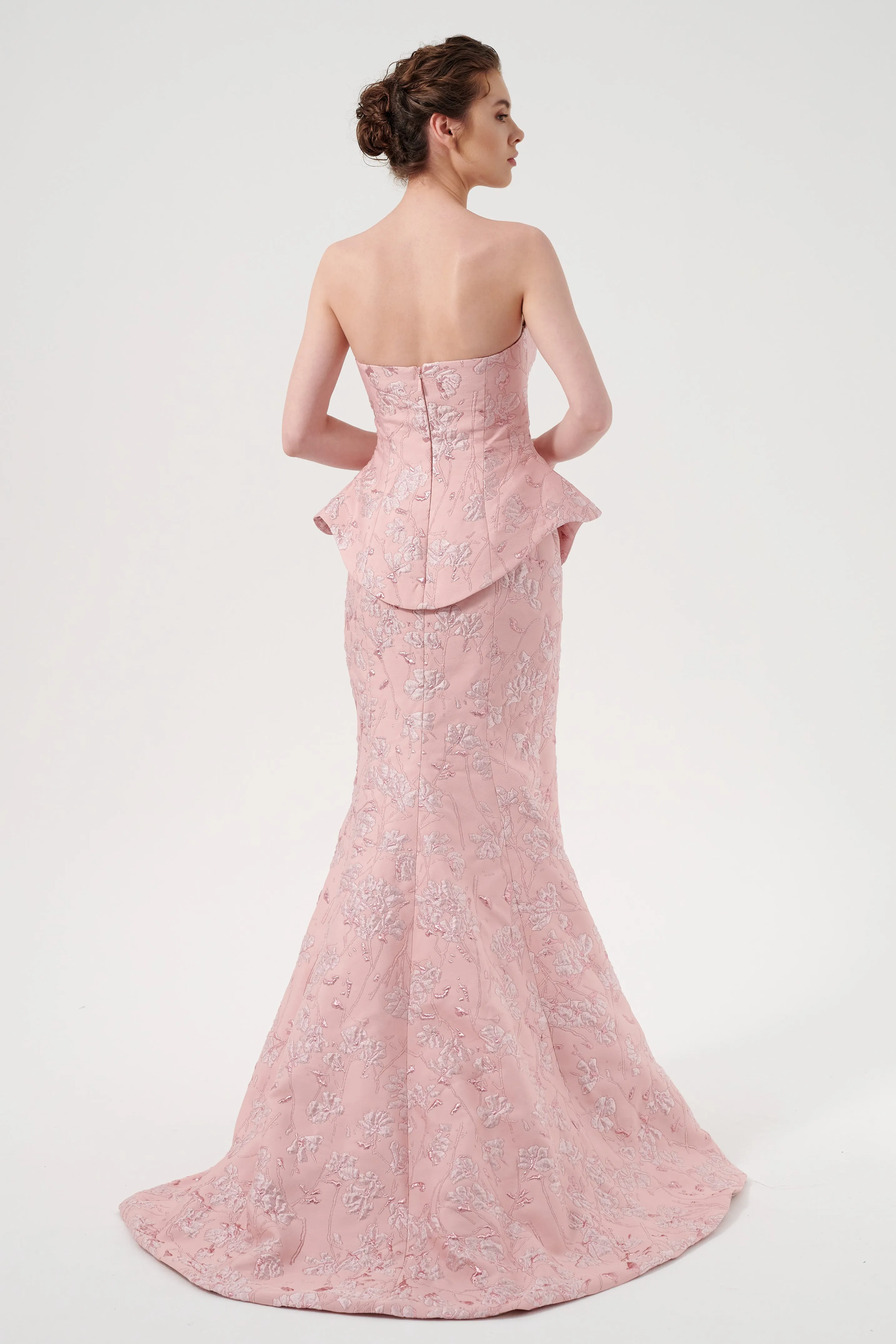 Peplum Detail Floor-Length Strapless Floral Jacquard Gown