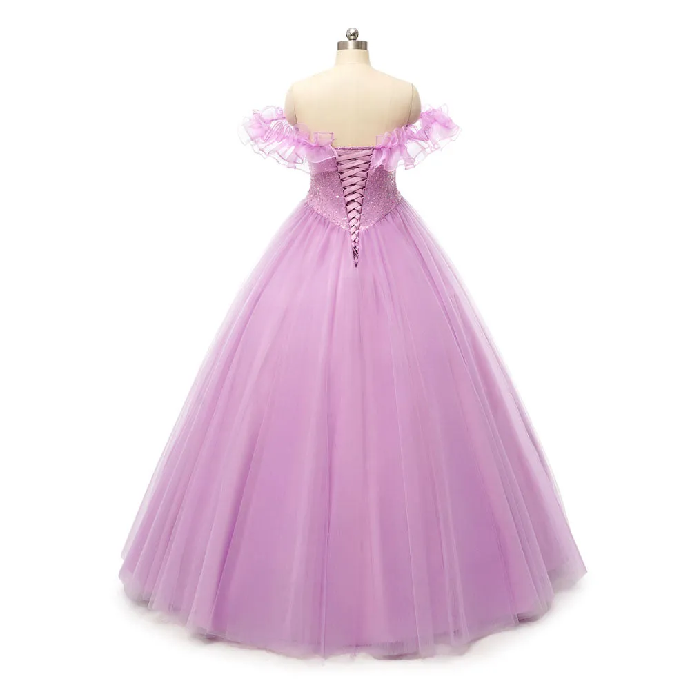 Pink Lilac Floor Length Formal Prom Dress with Off the Shoulder Neckline EN5403