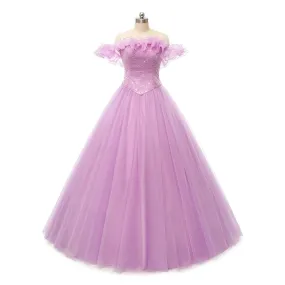 Pink Lilac Floor Length Formal Prom Dress with Off the Shoulder Neckline EN5403