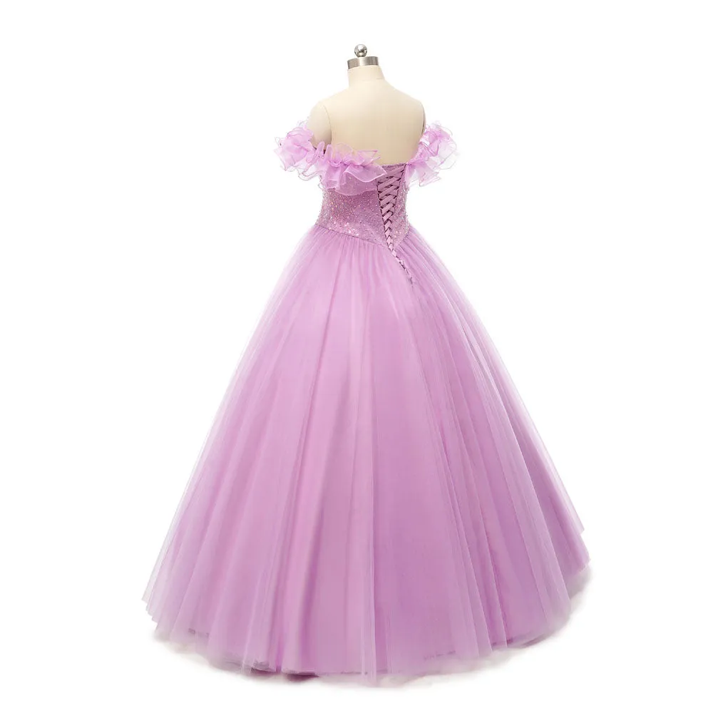 Pink Lilac Floor Length Formal Prom Dress with Off the Shoulder Neckline EN5403