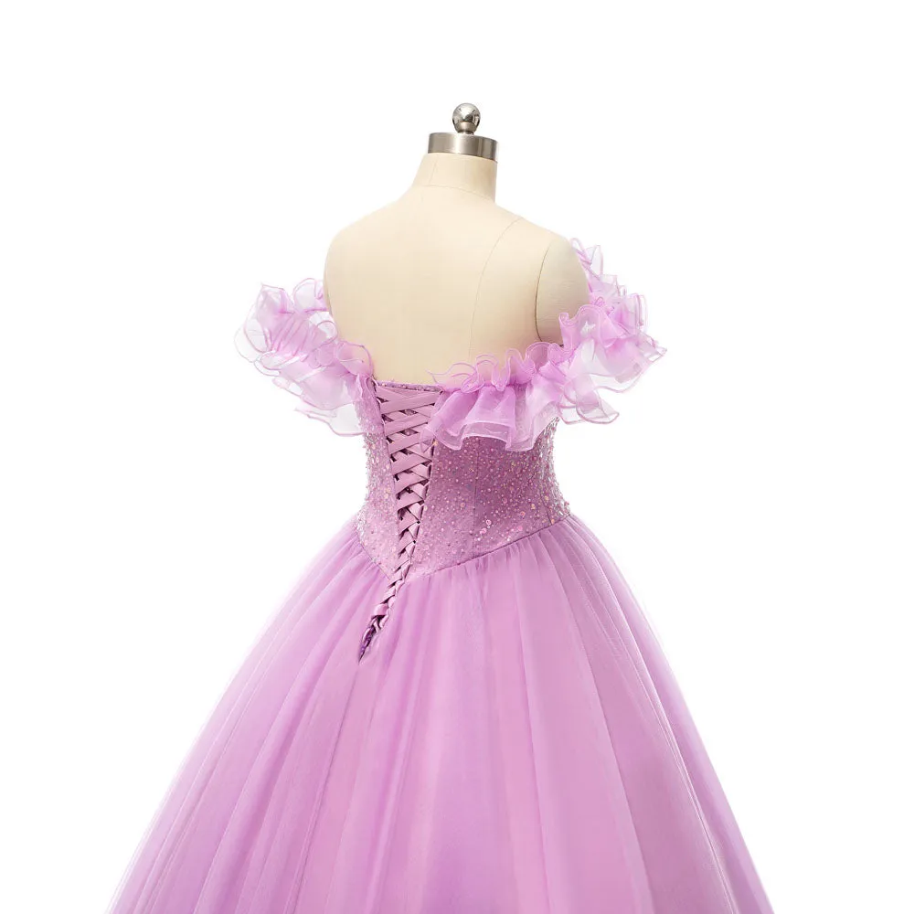 Pink Lilac Floor Length Formal Prom Dress with Off the Shoulder Neckline EN5403