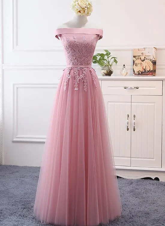 Pink Off Shoulder A-line Tulle Floor Length Bridesmaid Dress, Pink Prom Dress