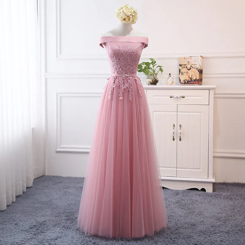 Pink Off Shoulder A-line Tulle Floor Length Bridesmaid Dress, Pink Prom Dress