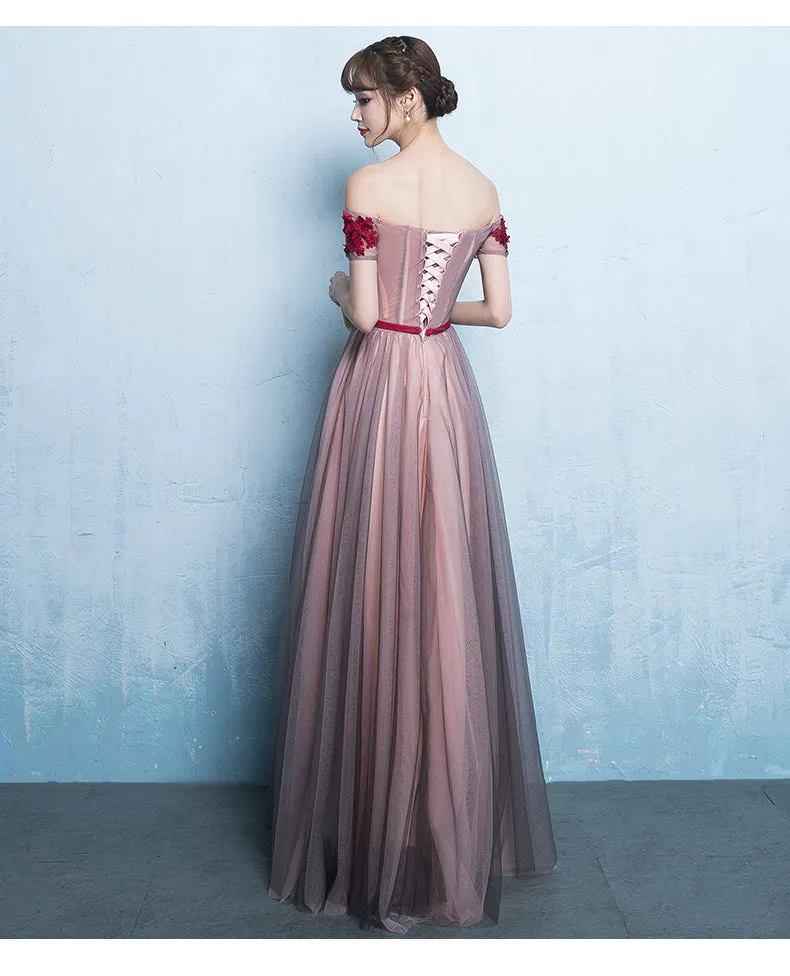 Pink Off Shoulder Floor Length Bridesmaid Dress, A-line Off Shoulder Prom Dress