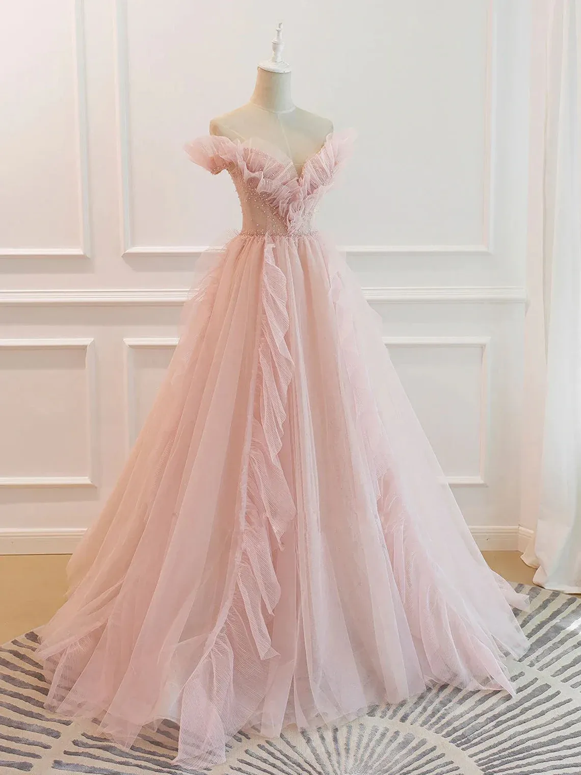 Pink Tulle Off The Shoulder A-Line Tulle Ruffles Floor-Length Prom Dress, Pink Long Party Dress