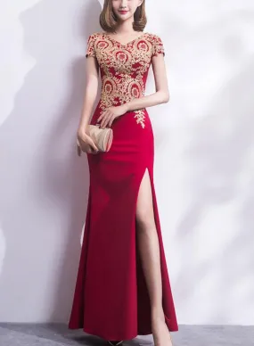 Pretty Cap Sleeves Slit Spandex Floor Length Party Dress, Charming Formal Gown