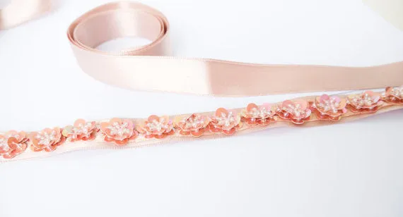 Pretty Pink Sash, Handmade Flowers Girl Sash, Pink Sequins Beading Sash, Bridesmaids Sash, SA0008