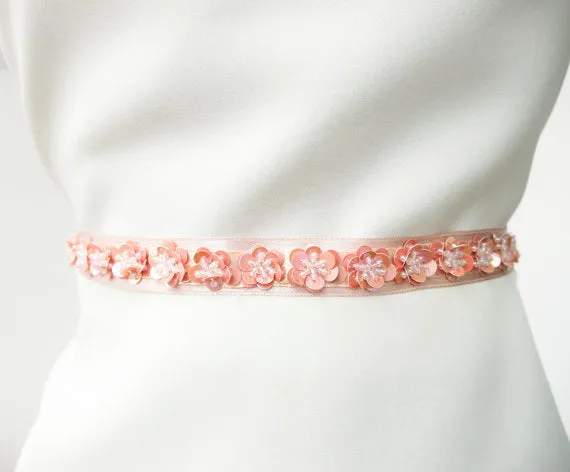 Pretty Pink Sash, Handmade Flowers Girl Sash, Pink Sequins Beading Sash, Bridesmaids Sash, SA0008