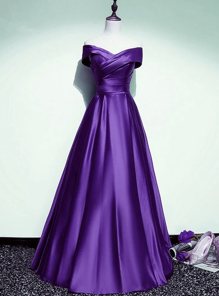 Purple Satin Off Shoulder A-line Long Party Dress, Floor Length Junior Prom Dress